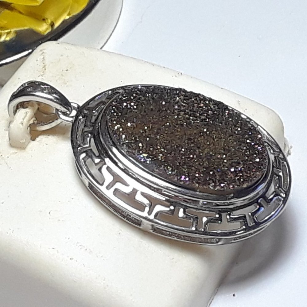 Vintage Brown Oval Druzy Open Greek Key framed SterlingSilver Bezel Pendant17586